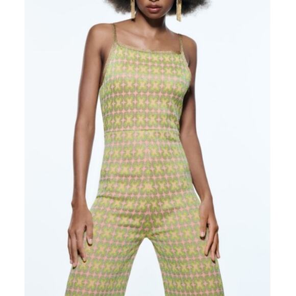 New ZARA Women's Multicolored Jacquard Knit Wide Leg Jumpsuit Romper Size S - Picture 4 of 7